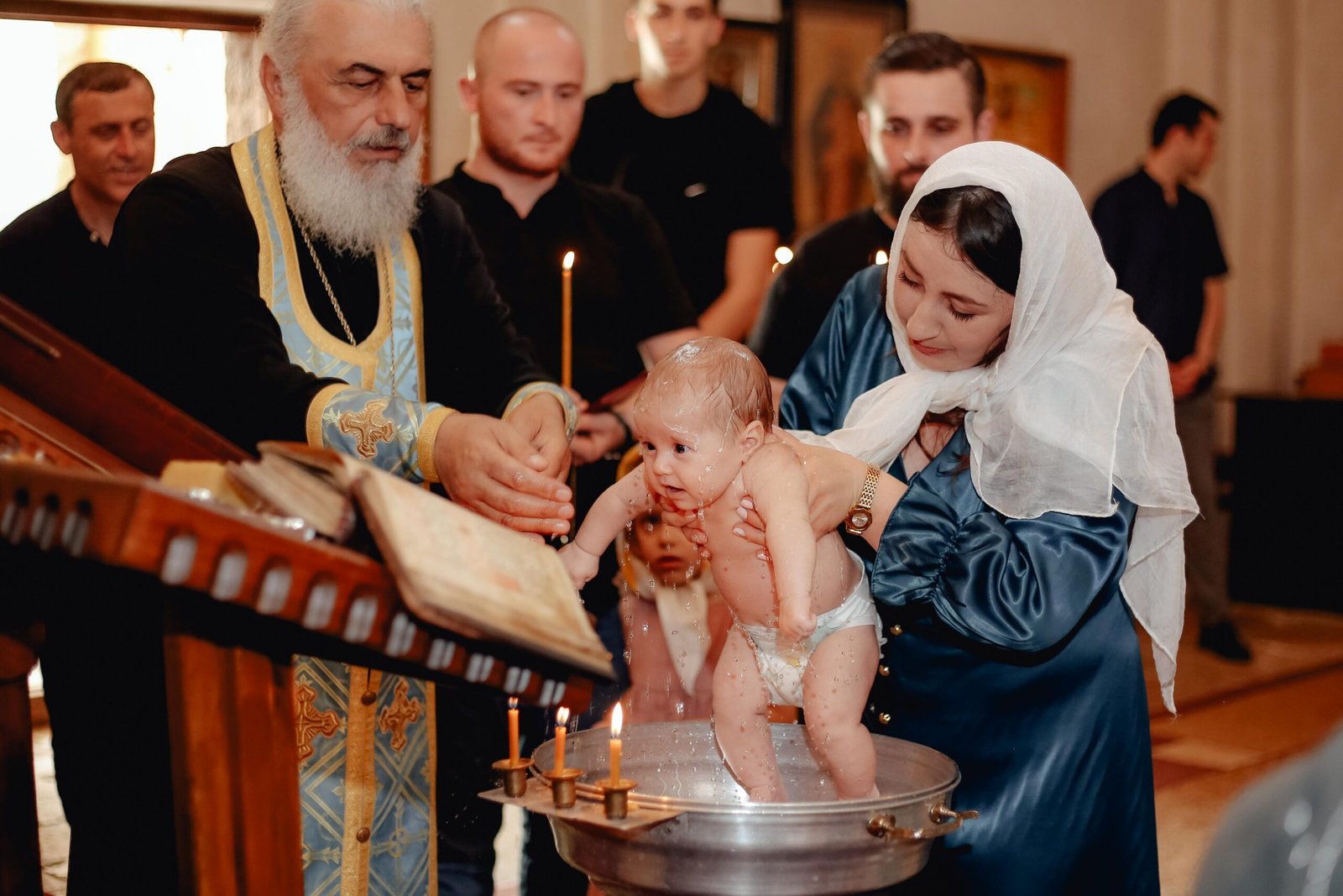 A serene moment depicting a traditional Christian baby baptism ceremony in a church.